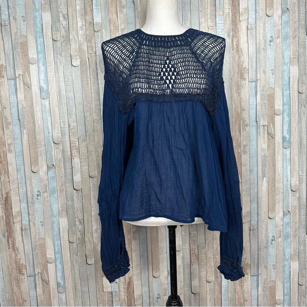 Free People M Navy Blue Gauze Crochet Lace Bib‎ Early Frost Top Blouse Boho